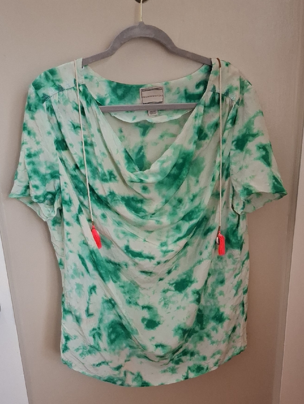 Maison Scotch Silk Green Tie-Dye Cowl Neck Blouse with Neon Tassels_1